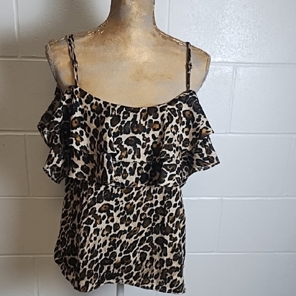 Leopard Print Ruffle Off Shoulder Adjustable Straps Strap Blouse Top - Picture 3 of 13